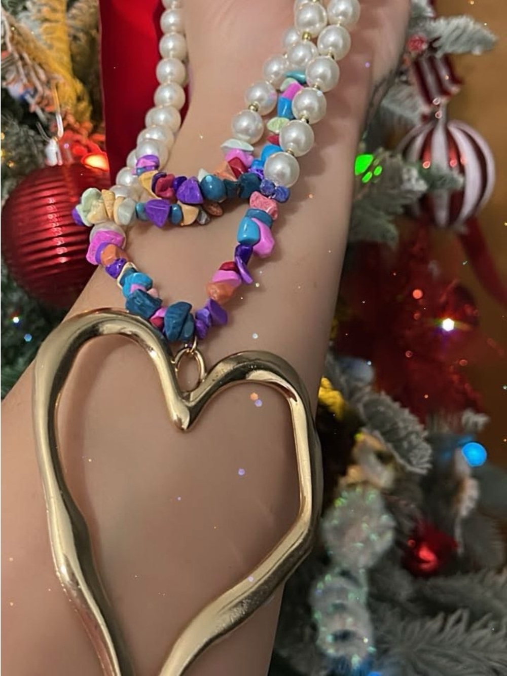 Gold Heart Pendant Necklace with Multicolor Bead Strand